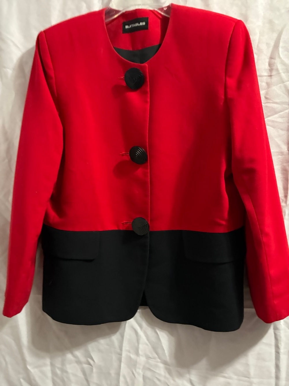 Suit Studio Red and Black Colorblock Collarless Wool Blazer